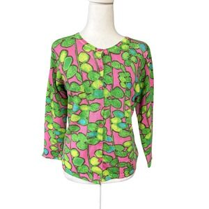 Garnet Hill Womens Merino Wool Cardigan Sweater Small Pink Green Leaf Print Butt